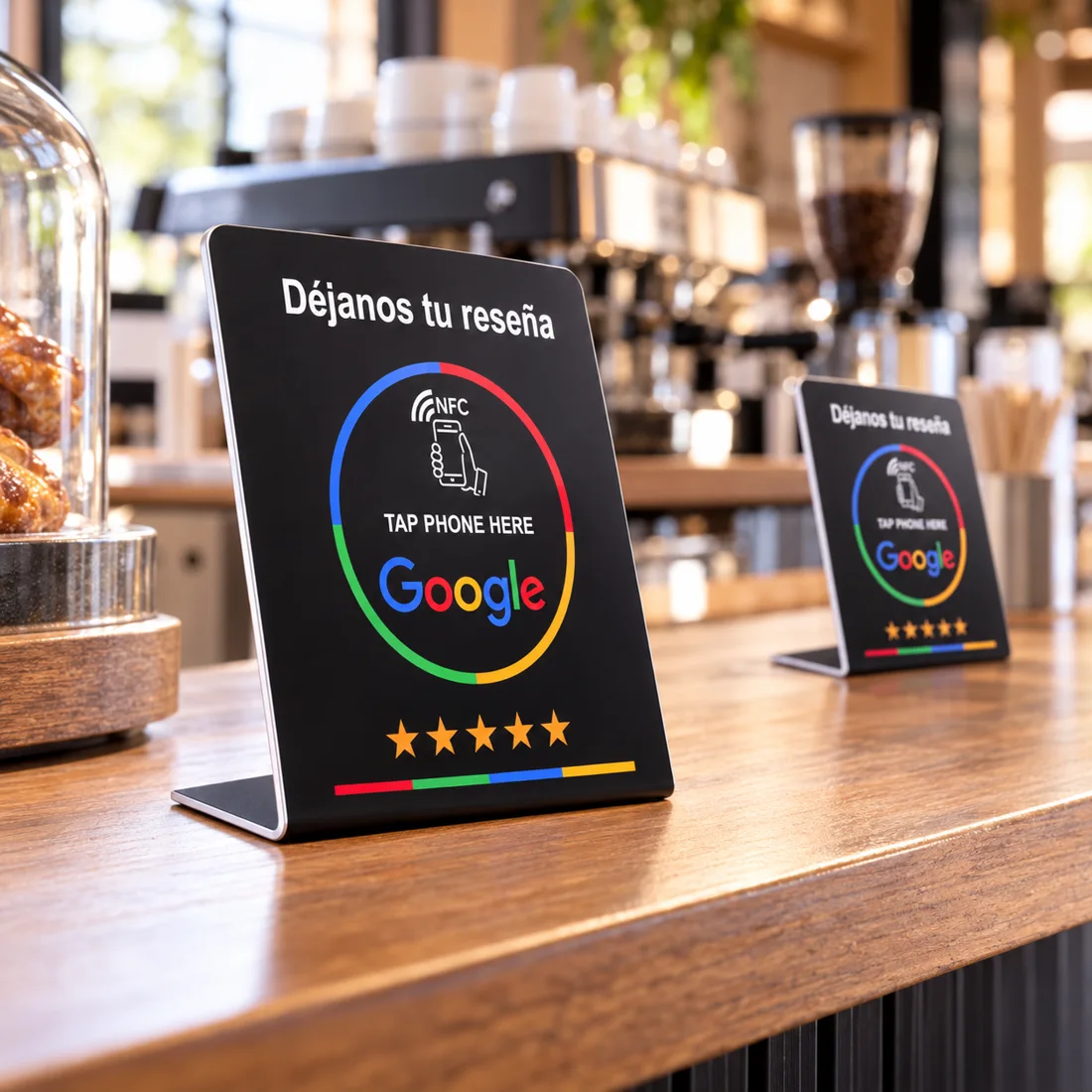 Exhibidores NFC para reseñas de Google sobre el mostrador de una cafetería